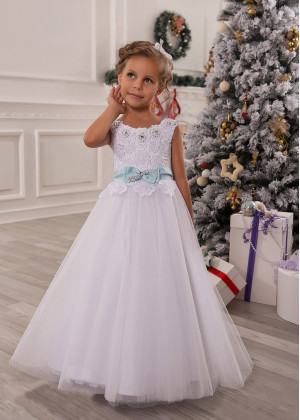 Beaded White Floral Lace Tulle Flower Girl Dress